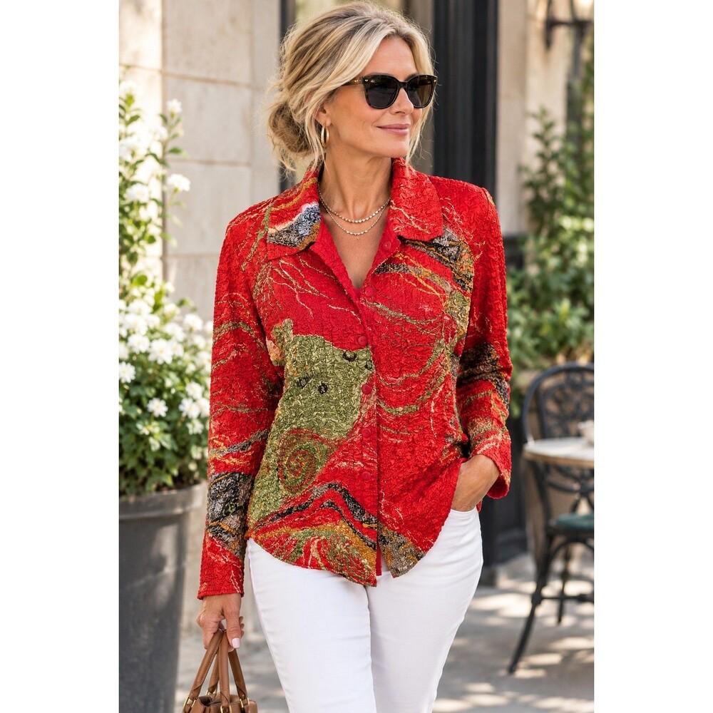 FU Collection Artsy Reversible Jacket Womens L Red Art To Wear Stretchy Abstract